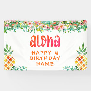 ANY Birthday Tropical Pineapple Floral ALOHA Banner