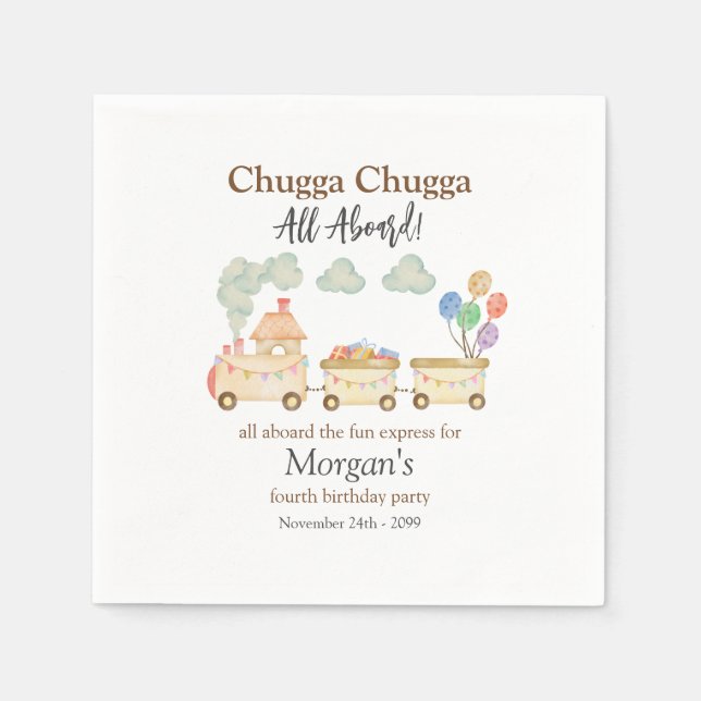 Any Birthday Watercolor Brown Train Fun Express Napkins (Front)