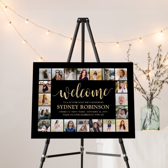 ANY Birthday Welcome 20 Photo Collage Black & Gold Foam Board (In Situ (Stand))