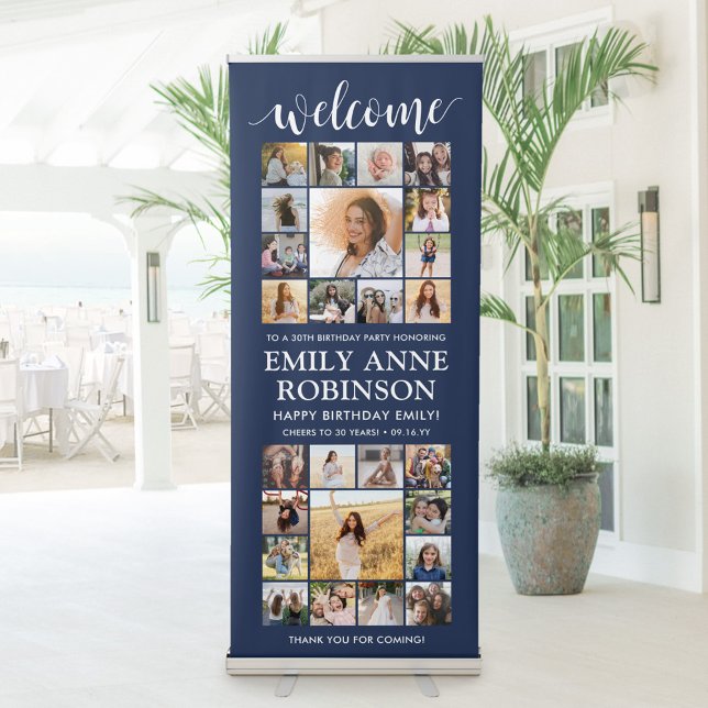 ANY Birthday Welcome Multi Photo Collage Navy Blue Retractable Banner (Creator Uploaded)
