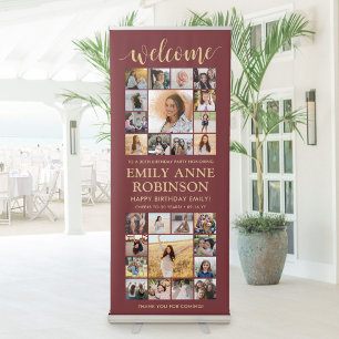 ANY Birthday Welcome Photo Collage Burgundy & Gold Retractable Banner