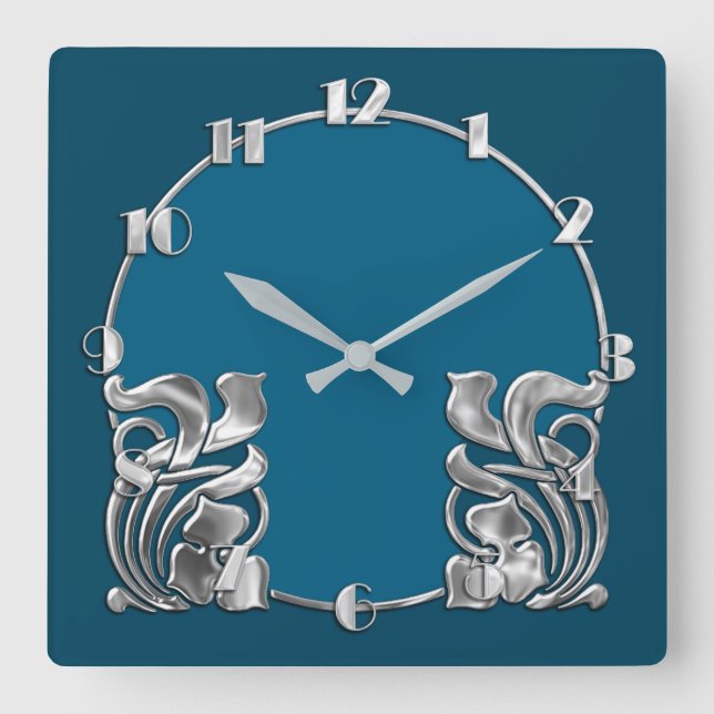 Any Color Art Deco Silver Design Square Wall Clock (Front)