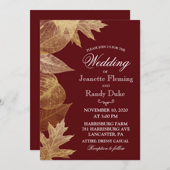 ANY COLOR - Autumn Fall Leaves Wedding Invitation (Front/Back)