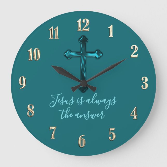 Any Color Background Teal Cross Large Clock (Front)