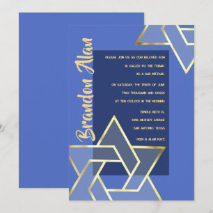 Any Color Bar Mitzvah Large Gold Star of David Invitation