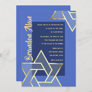 Any Color Bar Mitzvah Large Gold Star of David Invitation