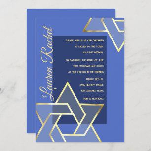 Any Color Bat Mitzvah Large Gold Star of David Invitation