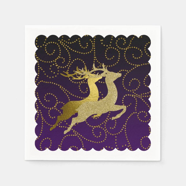 Any Color Black Ombre Two Gold Reindeer Holiday Napkins (Front)