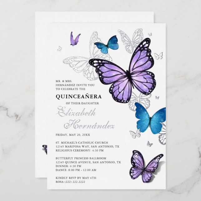 Any Color Butterfly Elegant Quinceanera Foil Invitation (Front/Back)