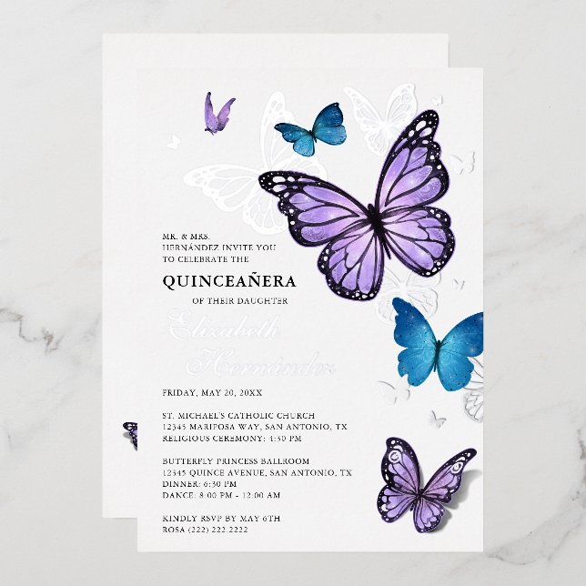 Any Color Butterfly Elegant Quinceanera Foil Invitation (Front/Back)