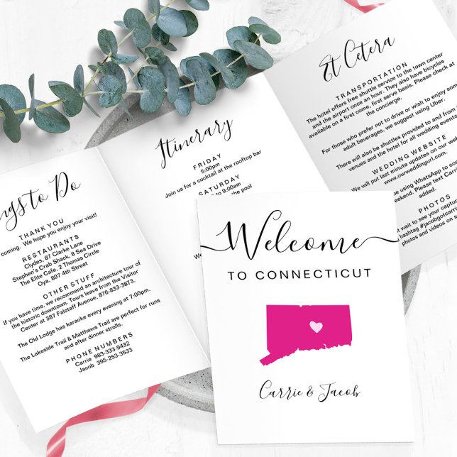 Any Color Connecticut Wedding Welcome Itinerary Tri-Fold Program (Connecticut Wedding Welcome Letter & Itinerary)