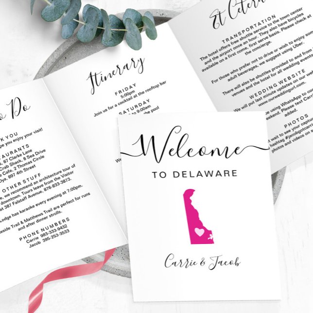 Any Color Delaware Wedding Welcome Bag Itinerary Tri-Fold Program (Delaware Wedding Weekend Welcome Letter & Itinerary)