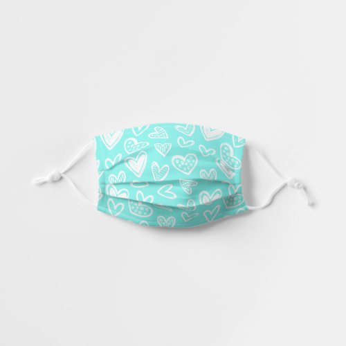 Any Color Doodle Hearts Sketch on Bright Teal Kids Cloth Face Mask