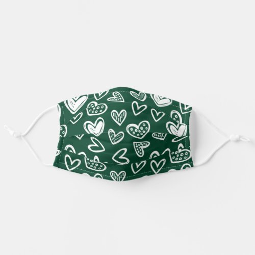 Any Color Doodle Hearts Sketch on Emerald Green Adult Cloth Face Mask