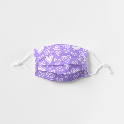Any Color Doodle Hearts Sketch on Lavender Purple Kids Cloth Face Mask