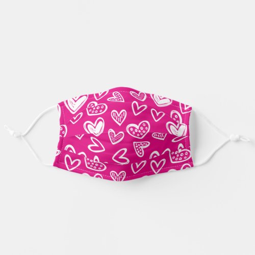 Any Color Doodle Hearts Sketch on Magenta Pink Adult Cloth Face Mask