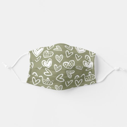 Any Color Doodle Hearts Sketch on Sage Green Adult Cloth Face Mask