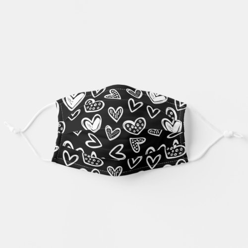 Any Color Doodle Hearts Sketch on Solid Black Adult Cloth Face Mask