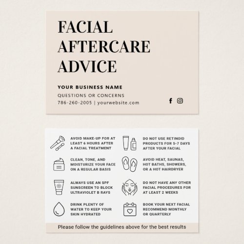 Any Color Facial Aftercare Advice Instruction Card