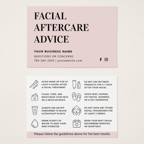 Any Color Facial Aftercare Advice Instruction Card