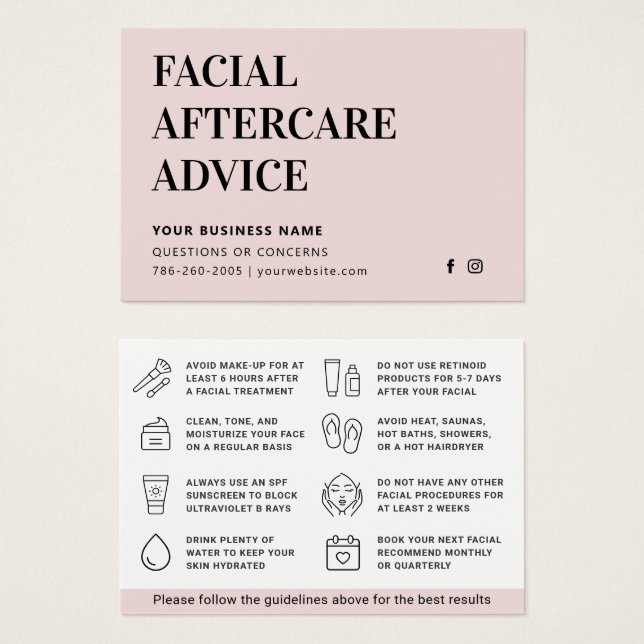 Any Color Facial Aftercare Advice Instruction Card (Front & Back)