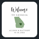 Any Color Georgia Wedding Welcome Bag or Box Square Sticker<br><div class="desc">Wedding weekend welcome sticker for guests to your wedding, featuring image of Georgia. You may edit the colors for any part of this design, as well as move the heart to the location of your wedding. To change colors, click personalize and then "edit using the design tool." Select the element...</div>