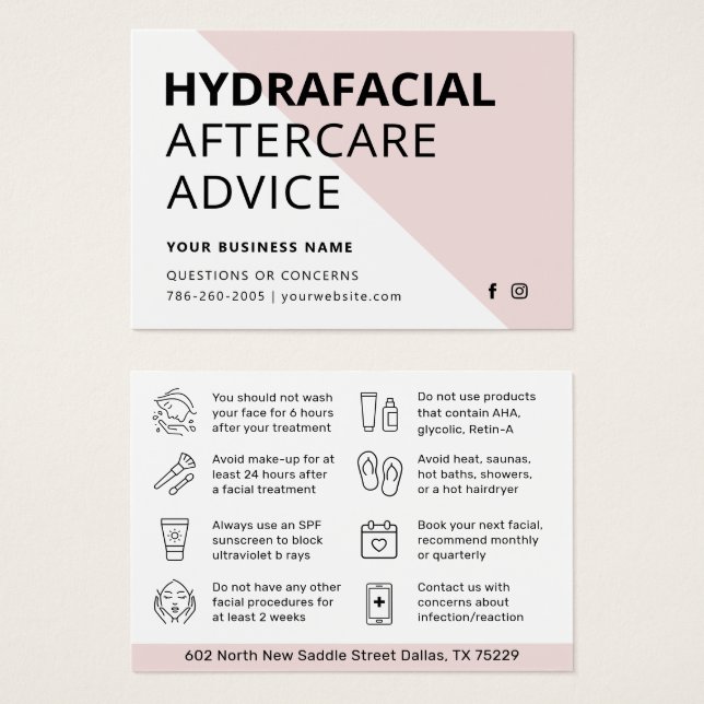 Any Color HydraFacial Aftercare Instructions Card (Front & Back)