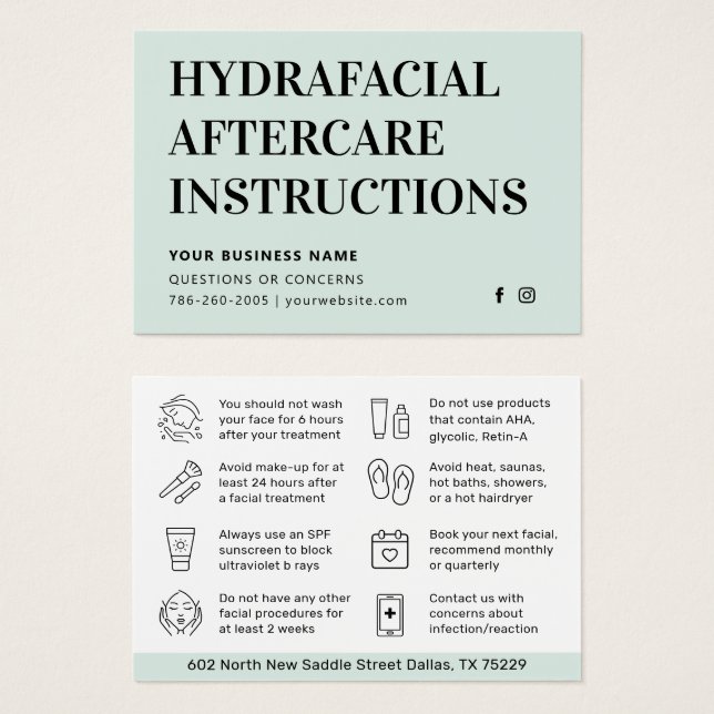Any Color HydraFacial Aftercare Instructions Card (Front & Back)