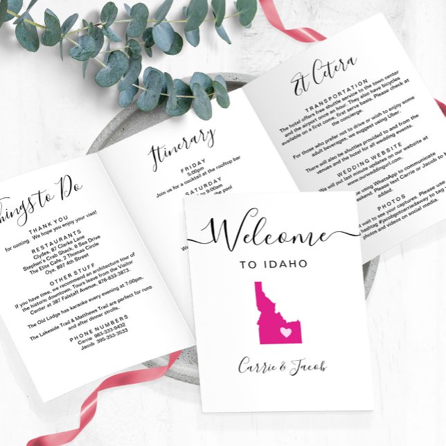 Any Color Idaho Wedding Welcome Bag Itinerary Tri-Fold Program (Idaho Wedding Welcome Bag Letter & Itinerary)