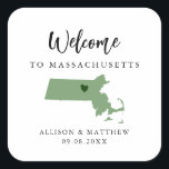 Any Color Massachusetts Wedding Welcome Bag or Box Square Sticker<br><div class="desc">Wedding weekend welcome sticker for guests to your wedding, featuring image of Massachusetts. You may edit the colors for any part of this design, as well as move the heart to the location of your wedding. To change colors, click personalize and then "edit using the design tool." Select the element...</div>