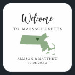 Any Color Massachusetts Wedding Welcome Bag or Box Square Sticker<br><div class="desc">Wedding weekend welcome sticker for guests to your wedding, featuring image of Massachusetts. You may edit the colors for any part of this design, as well as move the heart to the location of your wedding. To change colors, click personalize and then "edit using the design tool." Select the element...</div>