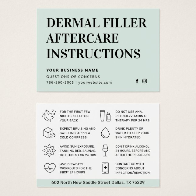 Any Color Mint Dermal Filler Botox Aftercare Card (Front & Back)