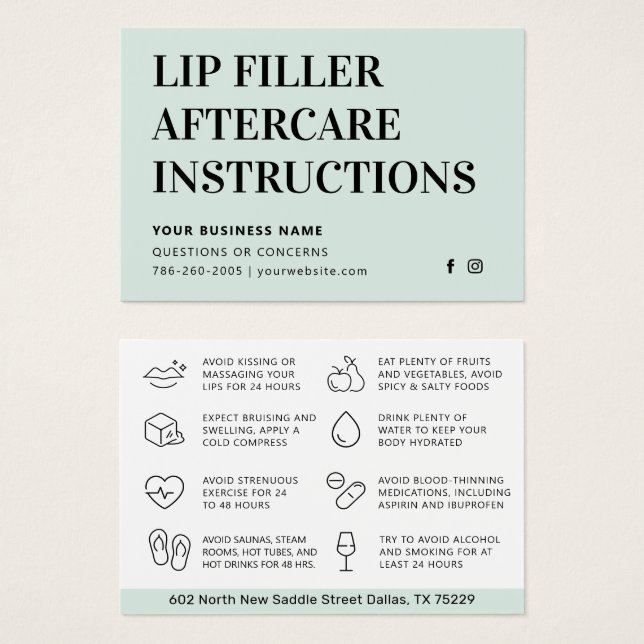 Any Color Mint Lip Filler Botox Aftercare Card (Front & Back)