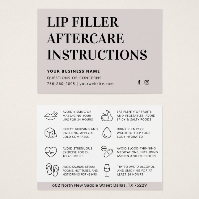 Any Color Modern Lip Filler Botox Aftercare Card (Front & Back)