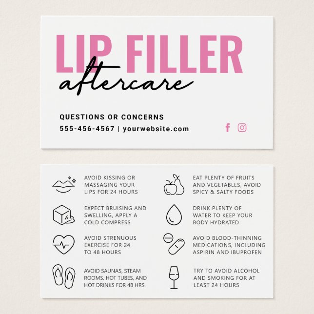 Any Color Modern Pink Lip Filler Aftercare Card (Front & Back)