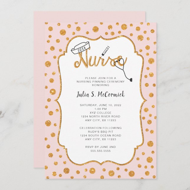 ANY COLOR Nurse graduation pinning + faux gold Invitation (Front/Back)