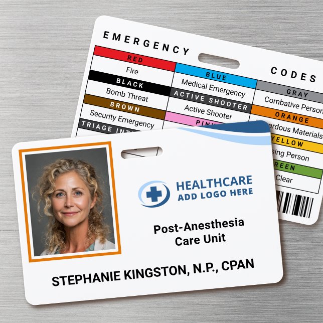  Any Color Nurse Hospital Employee Photo ID Badge (Double-sided photo ID badge with custom emergency codes and barcode image)