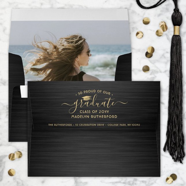 Any Color • Photo & Return Address Gold Graduation Envelope (Creator Uploaded)