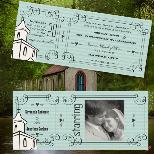 Any Color Romantic Chapel Ticket Wedding Photo Invitation