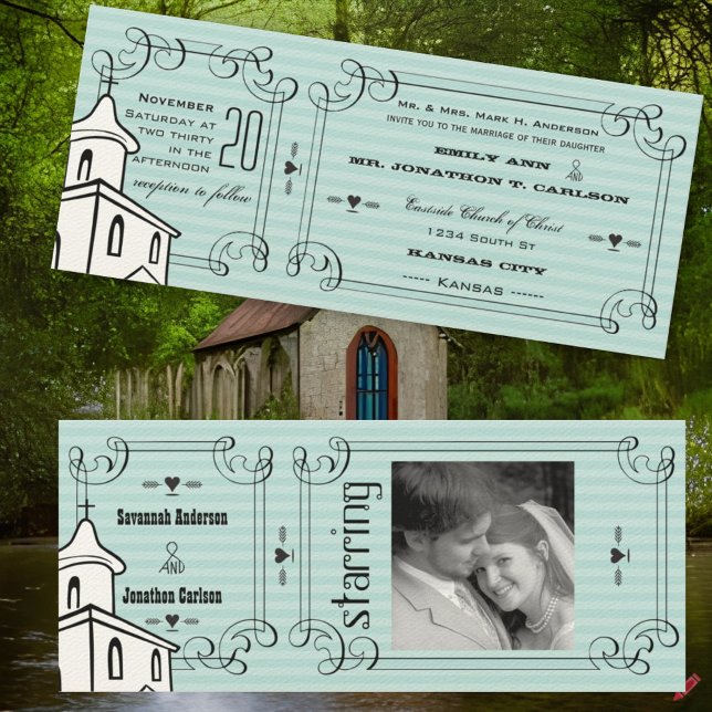 Any Color Romantic Chapel Ticket Wedding Photo Invitation (Creator Uploaded)
