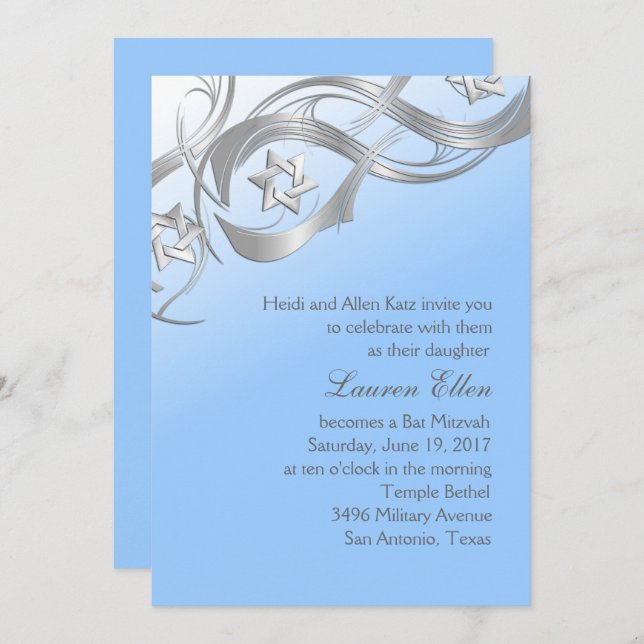 Any Color Silver Star Swag Bat Mitzvah Invitation (Front/Back)