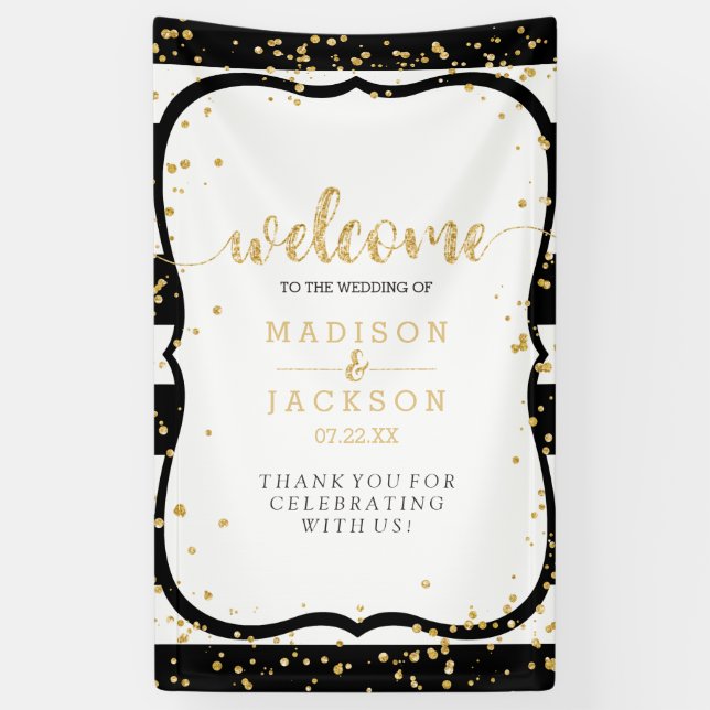 Any Color Stripes & Gold Confetti Wedding Welcome Banner (Vertical)