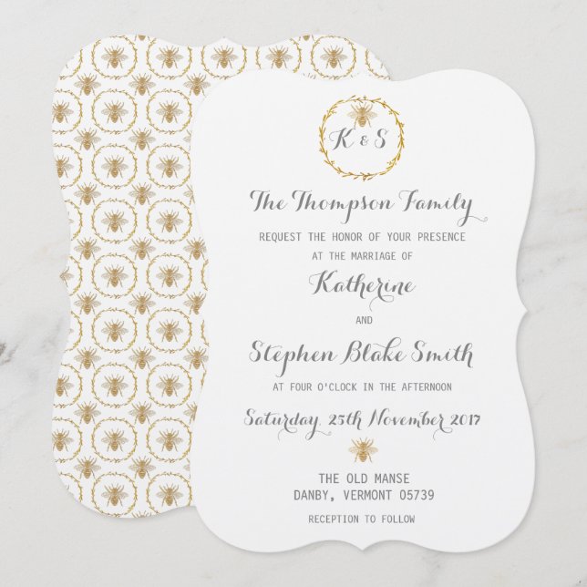 Any Color Template Gold Foil Golden Bees Wedding (Front/Back)