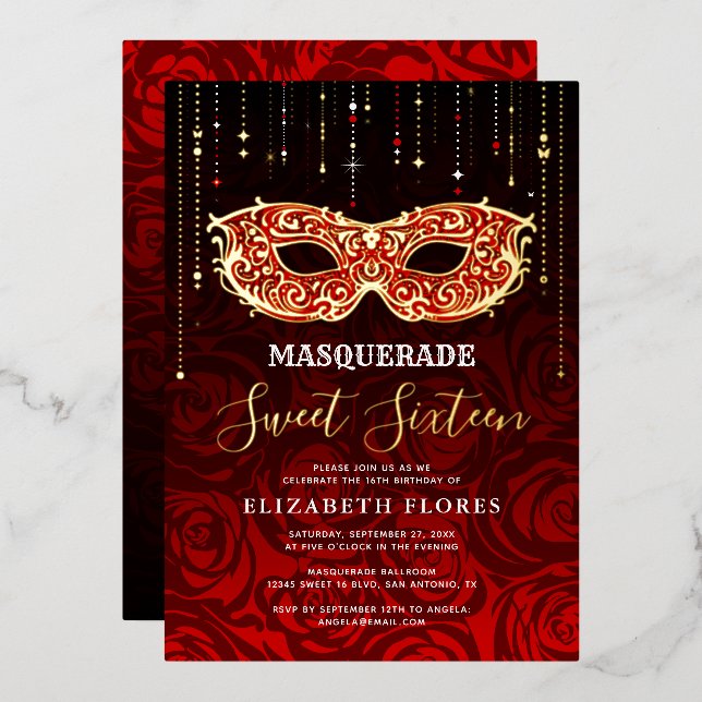 Any Color Theme Sweet 16 Masquerade Birthday Foil Invitation (Front/Back)