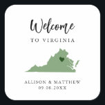 Any Color Virginia Wedding Welcome Bag Square Sticker<br><div class="desc">Wedding weekend welcome sticker for guests to your wedding, featuring image of Virginia. You may edit the colors for any part of this design, as well as move the heart to the location of your wedding. To change colors, click personalize and then "edit using the design tool." Select the element...</div>