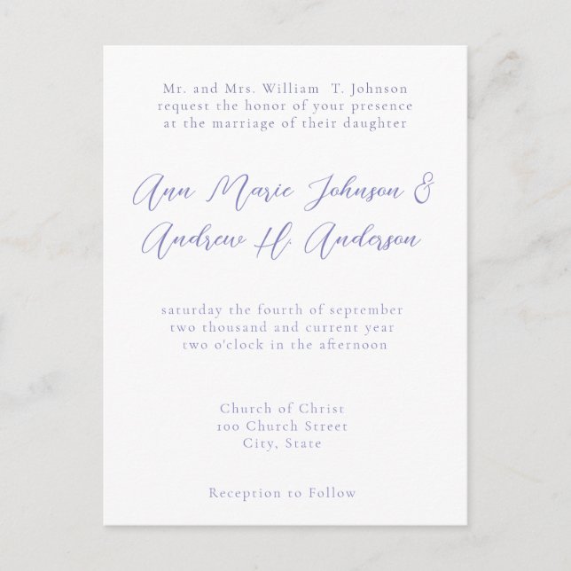 Any Color Wedding Periwinkle Blue Invitation Postcard (Front)
