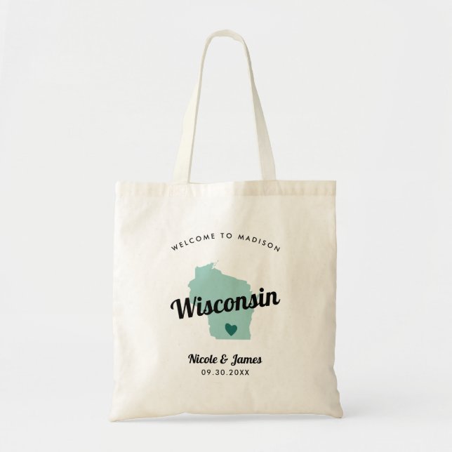 Any Color Wisconsin Map Wedding Welcome Bag Tote, (Front)