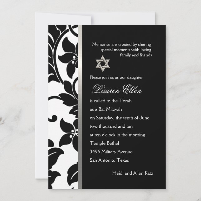 Any Color with Black Damask Bat Mitzvah Invitation (Back)