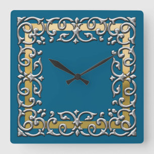 Any Color with Gold and Silver Filigree Border Square Wall Clock