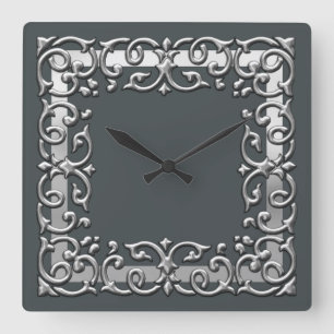 Any Color with Silver Filigree Border Square Wall Clock